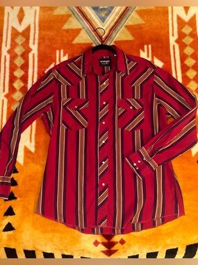 Vintage Wrangler Red and Brown Striped Western Button-Down Shirt